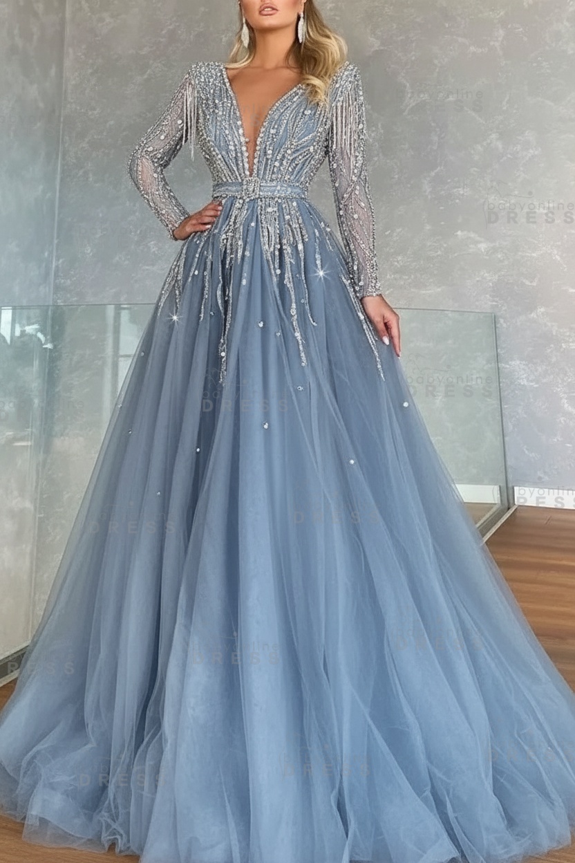 Long Sleeves V-neck Ball Gown A-line Prom Dress with Beadings