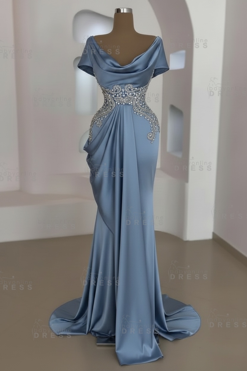 Short sleeves Mermaid Round neck Gray Prom Dresses