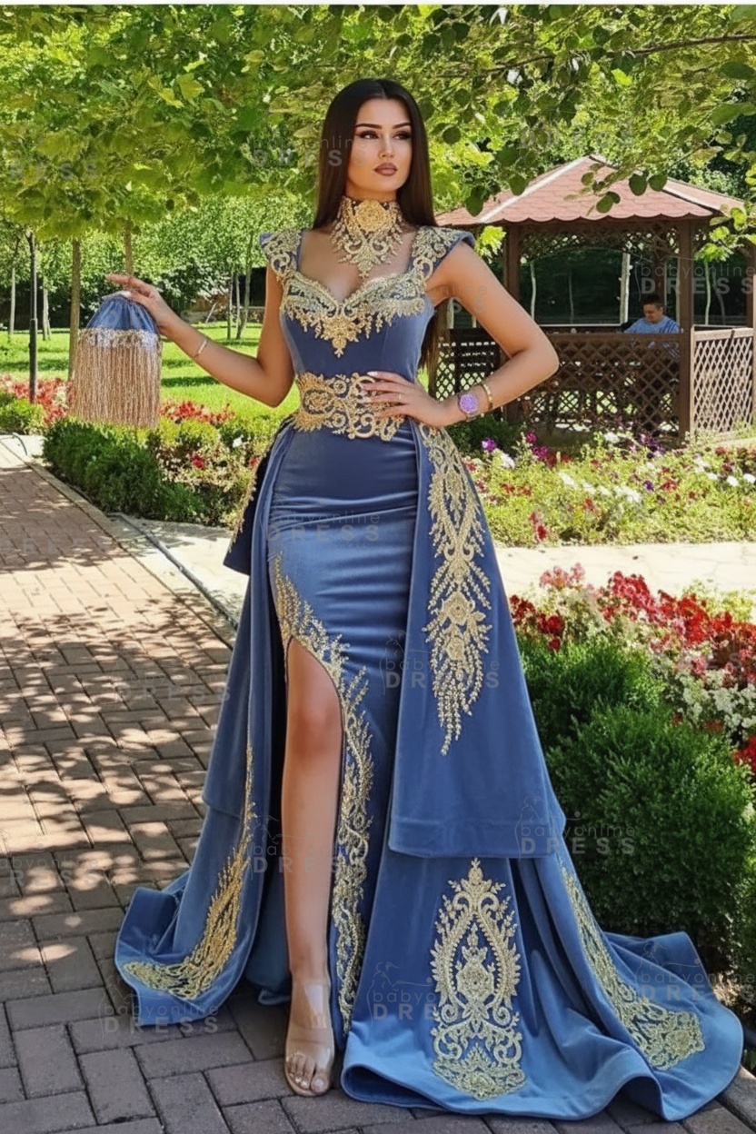 Dark Green Velvet Mermaid Evening Dress with Gold Lace appliques