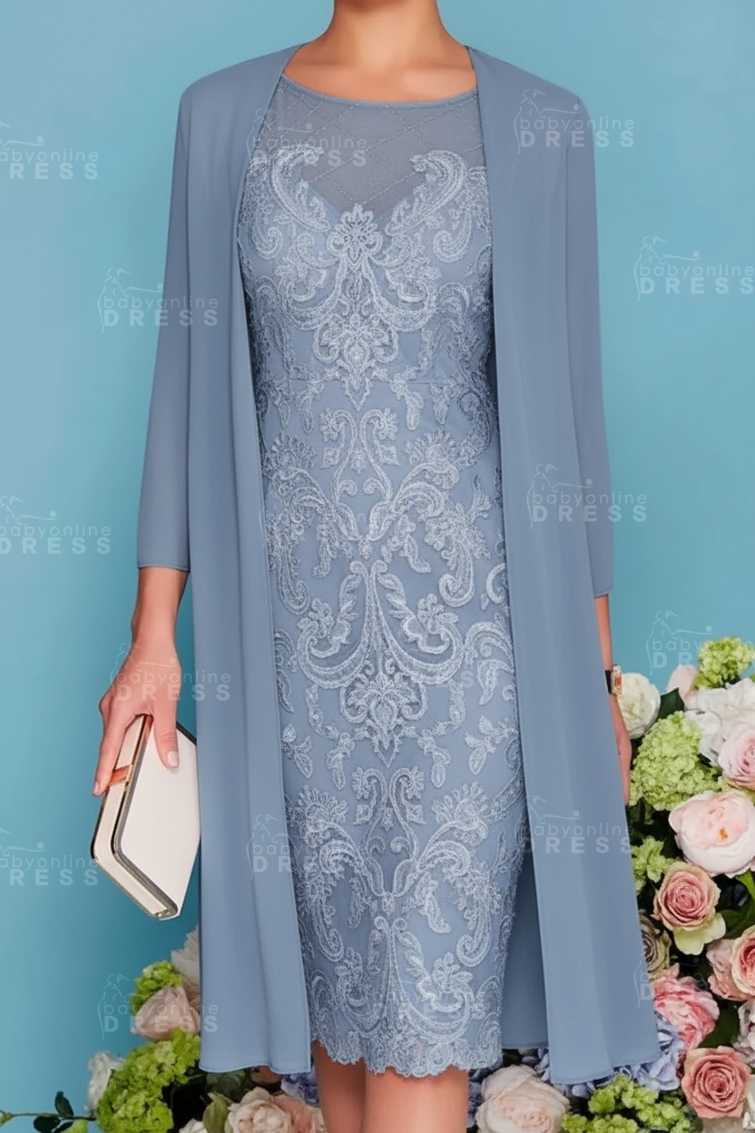 Scoop Neck Two Piece of Mermaid Slim Mother of the Bride Dress Chiffon 3/4 Sleeves Wedding Guest Outfits