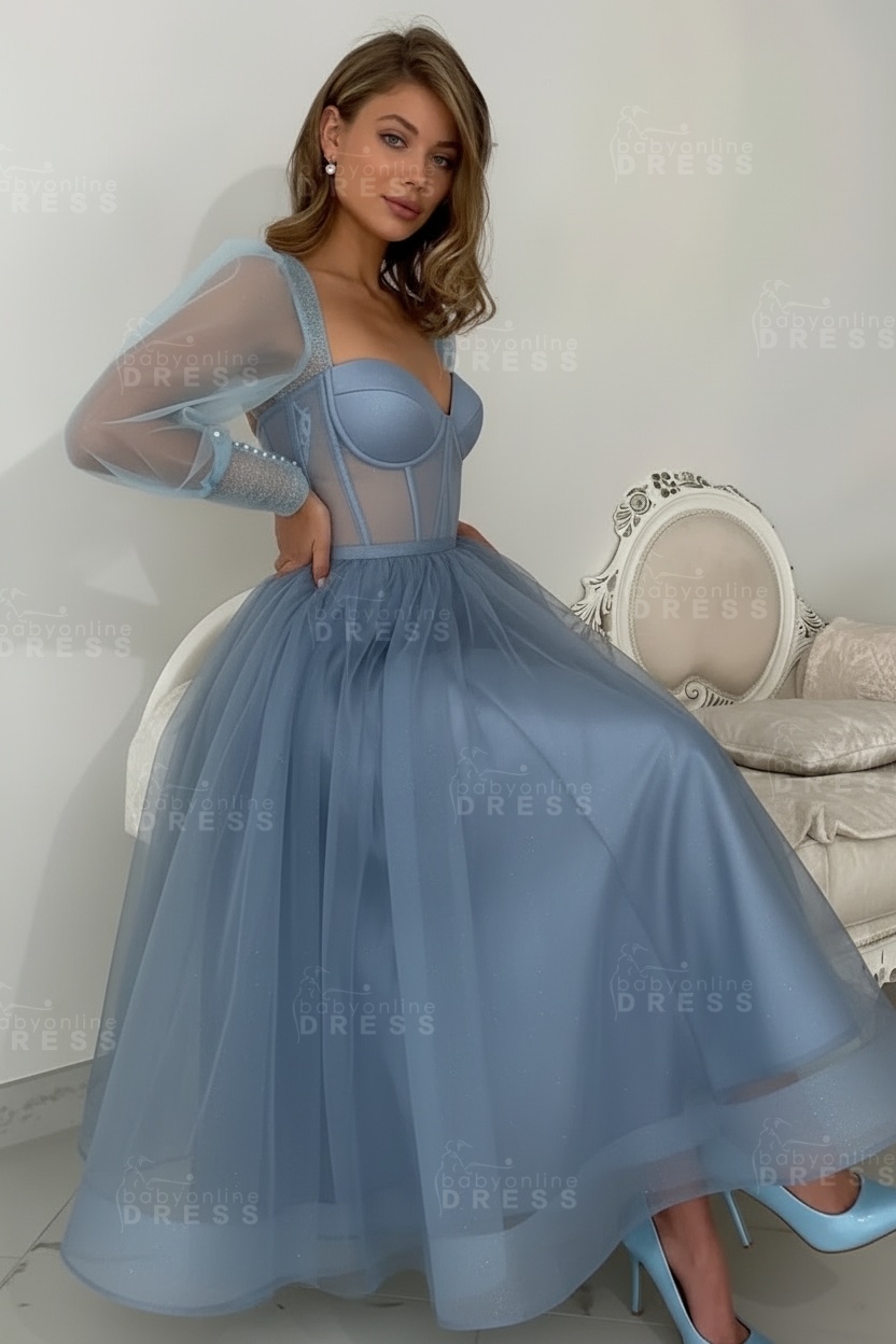 Long sleeves Pink See through Tulle Homecoming Dresses Aline