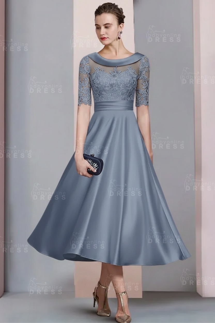 Elegant Ivory Jewel Lace Beading A-Line Tea Length Satin Wedding Guest Dress Formal Mother Dress