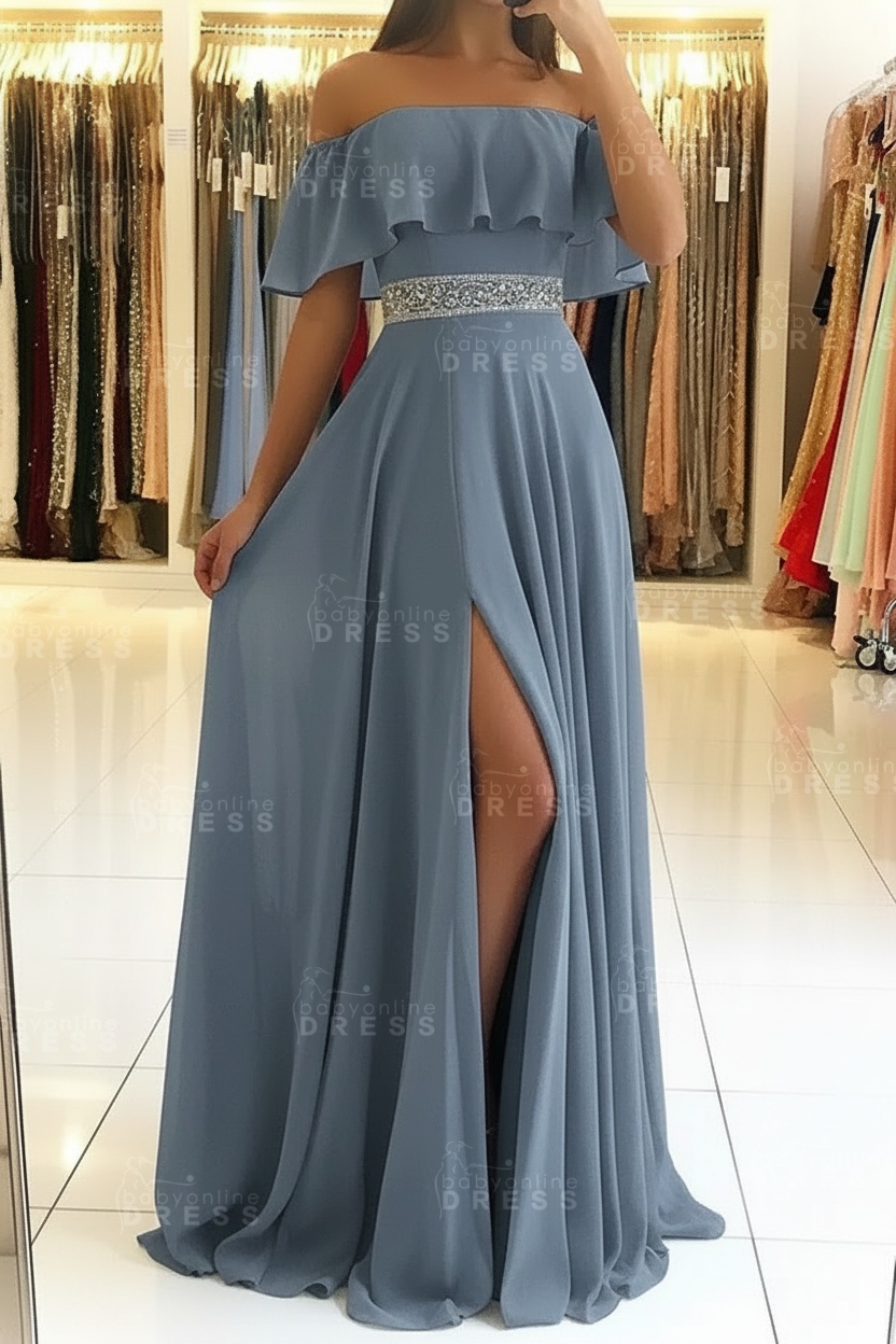 Sky Blue Off The Shoulder Evening Dresses Sexy | Chiffon Side Slit Prom Dress with Crystals Belt