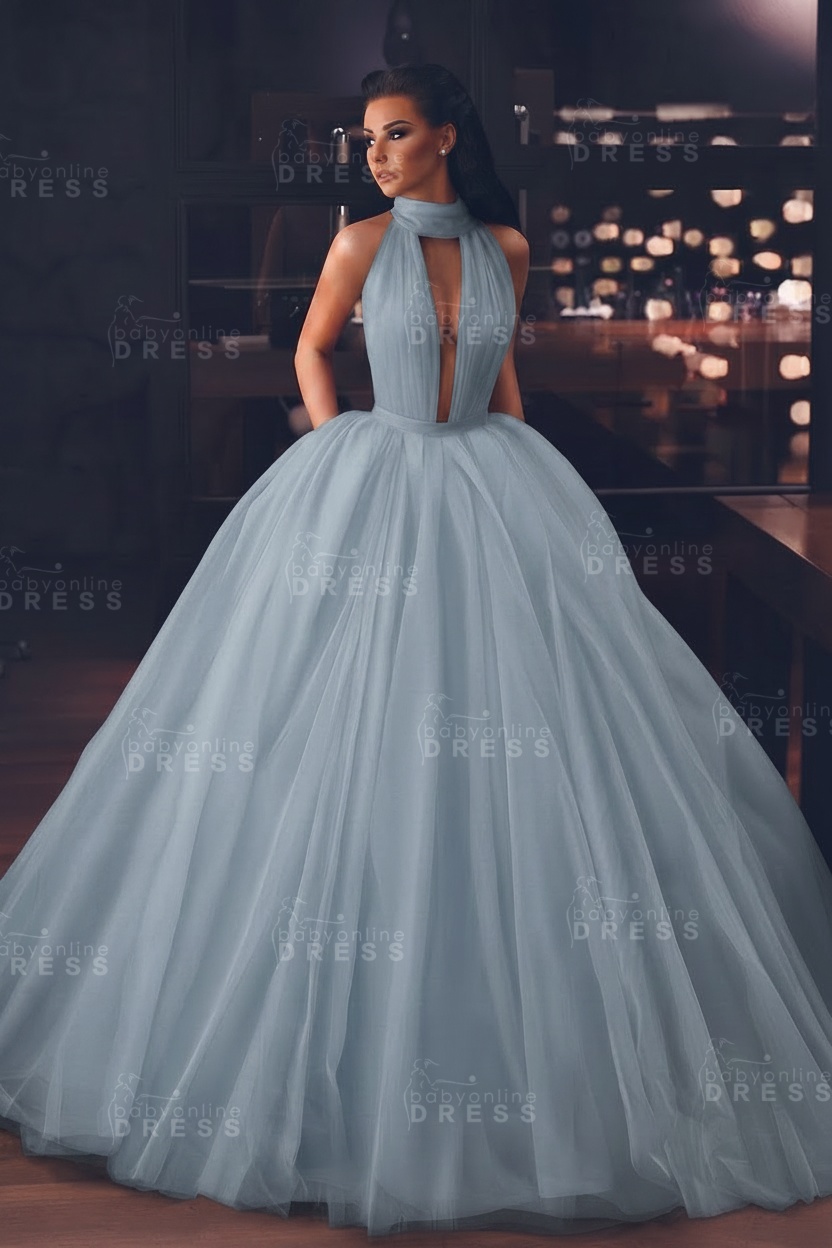 Sexy High-Neck Sleeveless Ball Gown Evening Dress with Pockets