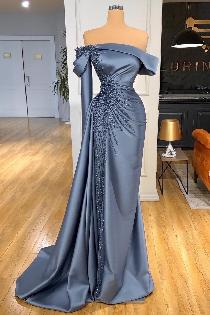 Off-the-Shoulder Satin Floor Length Prom Dress with Side Slit