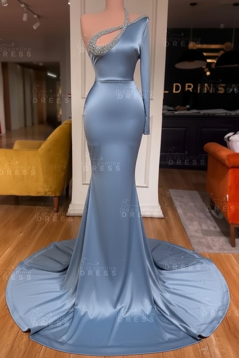 Long sleeves Beaded neckline Black Mermaid Prom Dresses