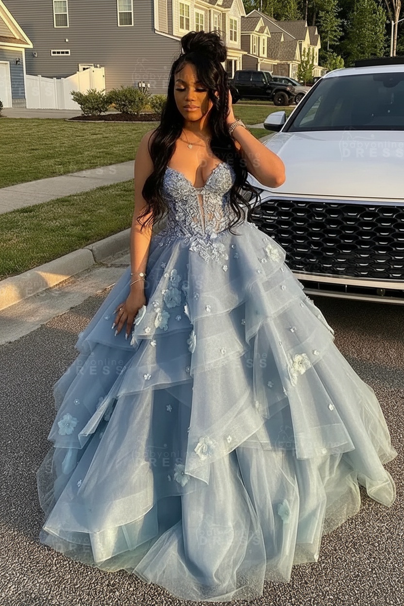 Sleeveless V-Neck Tulle Aline Prom Dress Floral Tiered Ruffles Corset Evening Dress