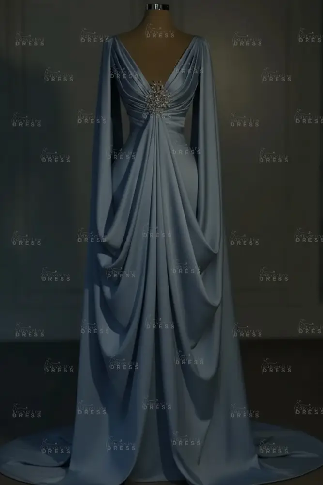 Long sleeves V-neck Satin Ruffles Mermaid Prom Dresses Floor-Length