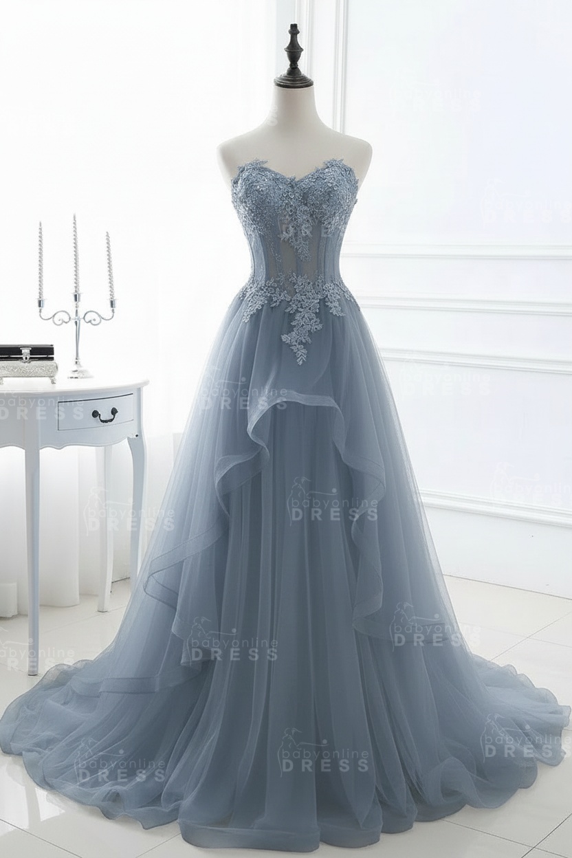 CHARLIZE |Ball Gown Sweetheart Tulle Sky Blue Prom Dress with Sequins BM0422
