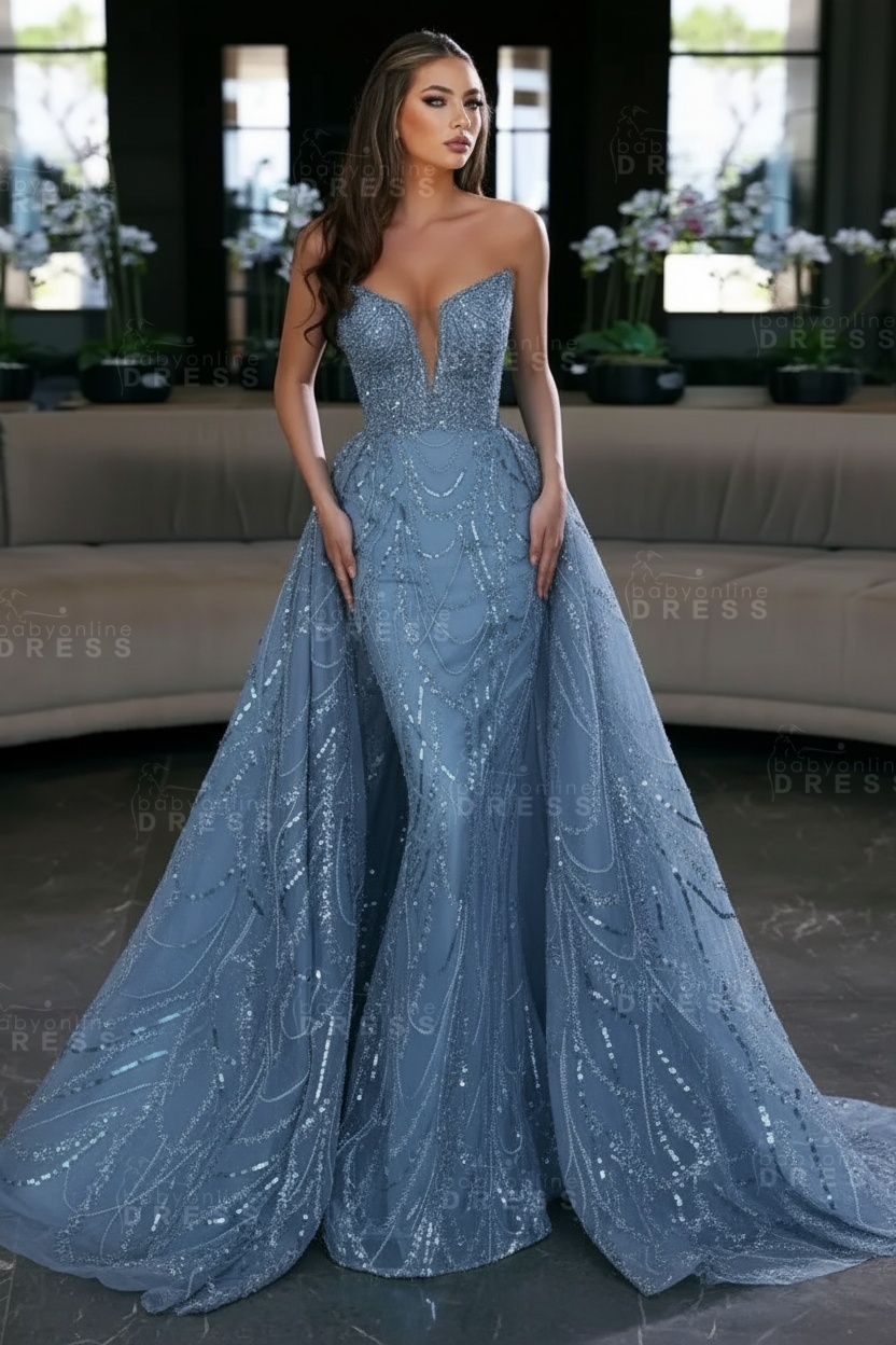 Blue Sequin Mermaid Sweetheart Prom Dresses with Overskirt