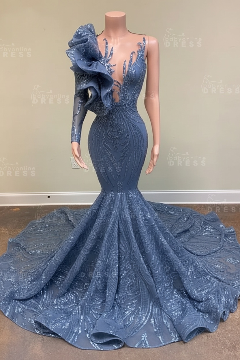 Chic Black Long Sleeve Asymmetrical Floor Length Mermaid Prom Dress