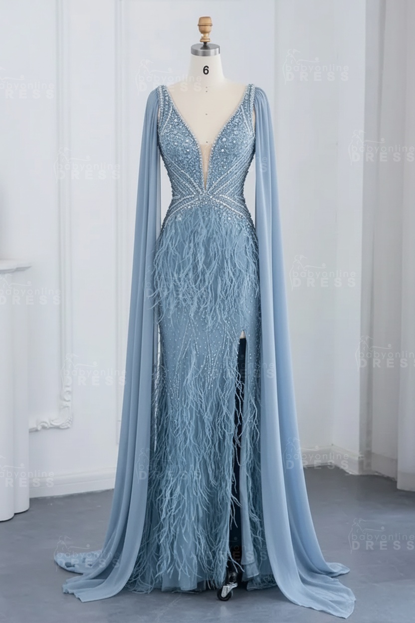 Glamorous V-Neck Fur Beadings Front Slit Mermaid Evening Gowns with Tulle with Cape Sleeves Wedding Party Dress