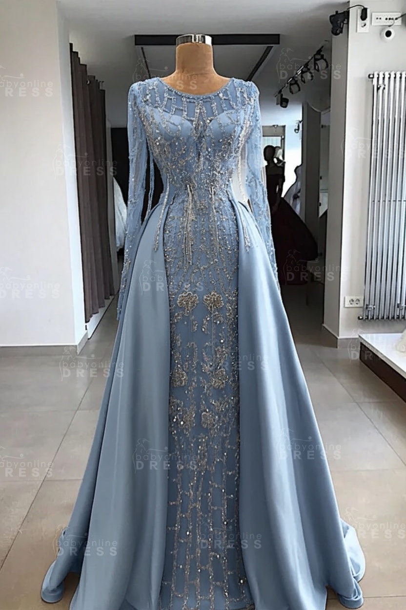 Shining Beaded Long Sleeves Round Neck Prom Dresses With Over Skirt | A Line Evening Gowns