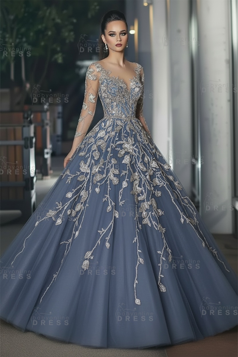 Stunning Illusion Long Sleeve Sexy Evening Gowns | A-line Lace Appliques Tulle Prom Dress