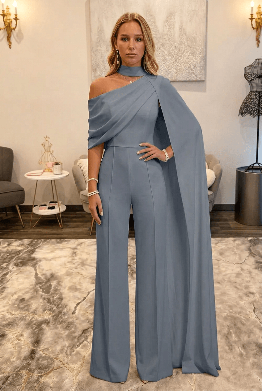 Dusty Blue Asymmetric Neck One-Shoulder Bridal Formal Jumpsuit with Sash