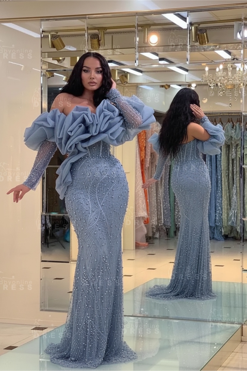 Bubble Sleeves Long Mermaid Prom Dress with Sequins and Beadings