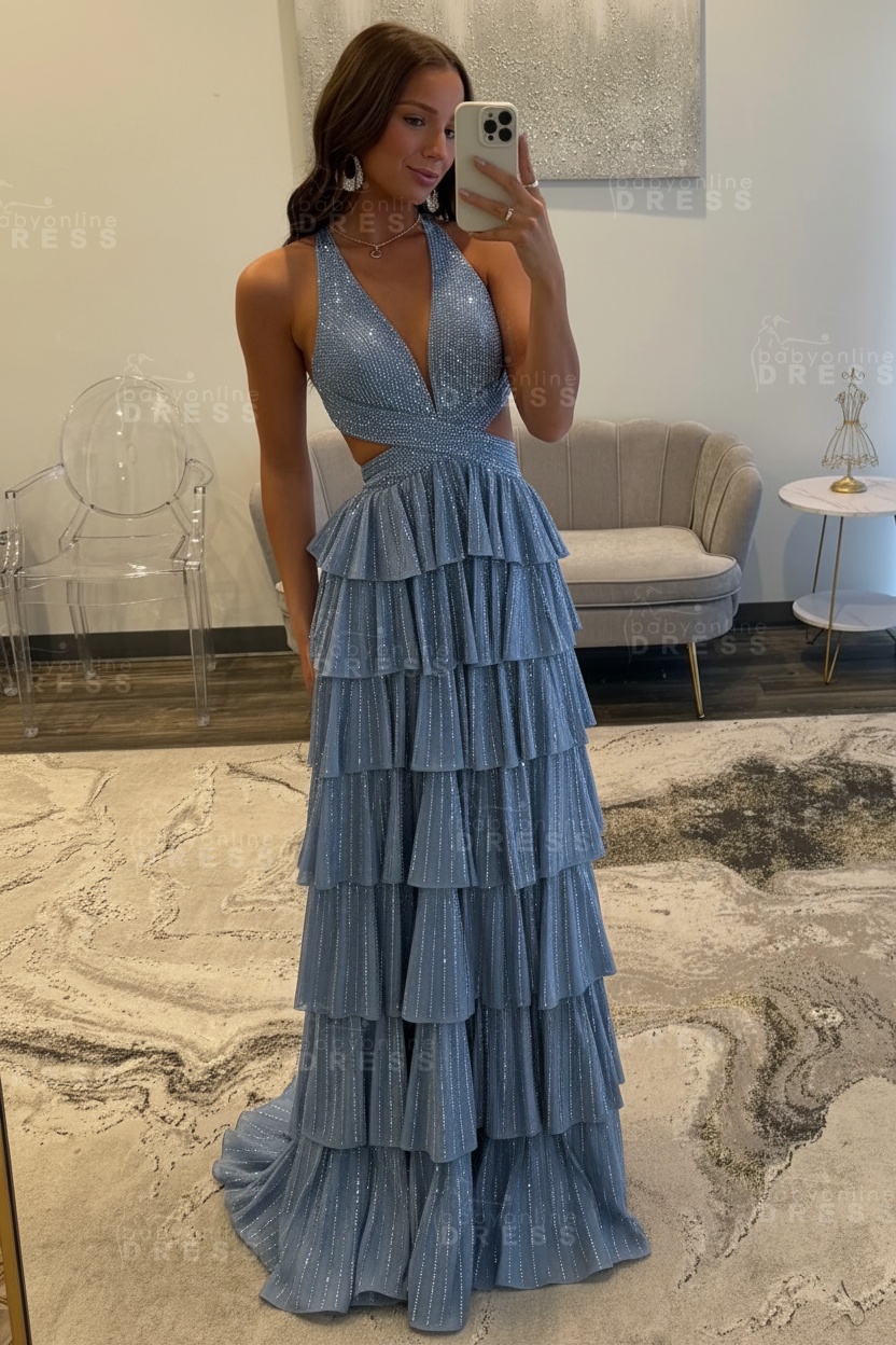 Halter Aline Prom Dress Sequined V-Neck High Split Evening Dress Long