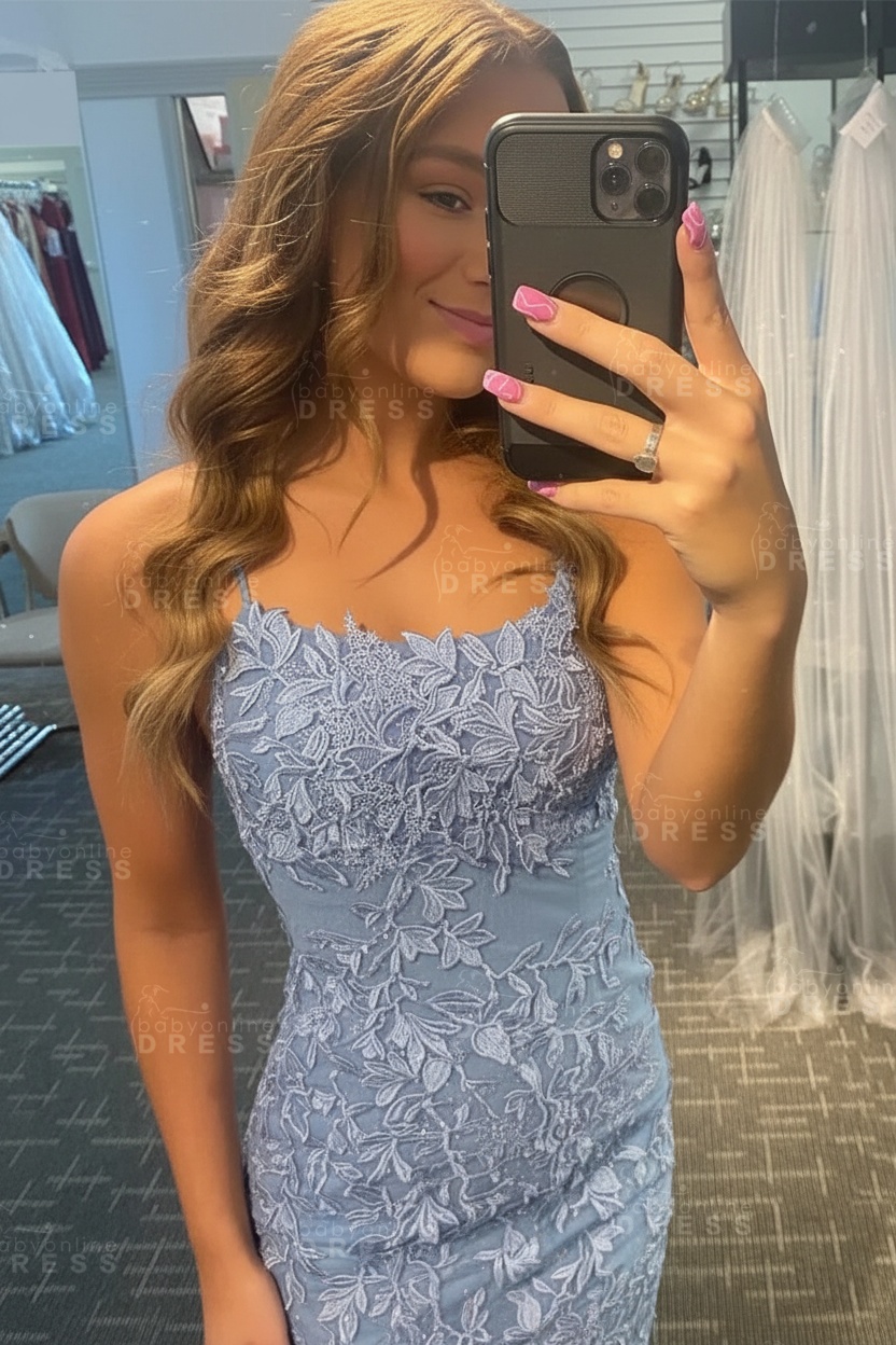 Lilac Spaghetti Straps Lace-up Short Homecoming Dress with Appliques