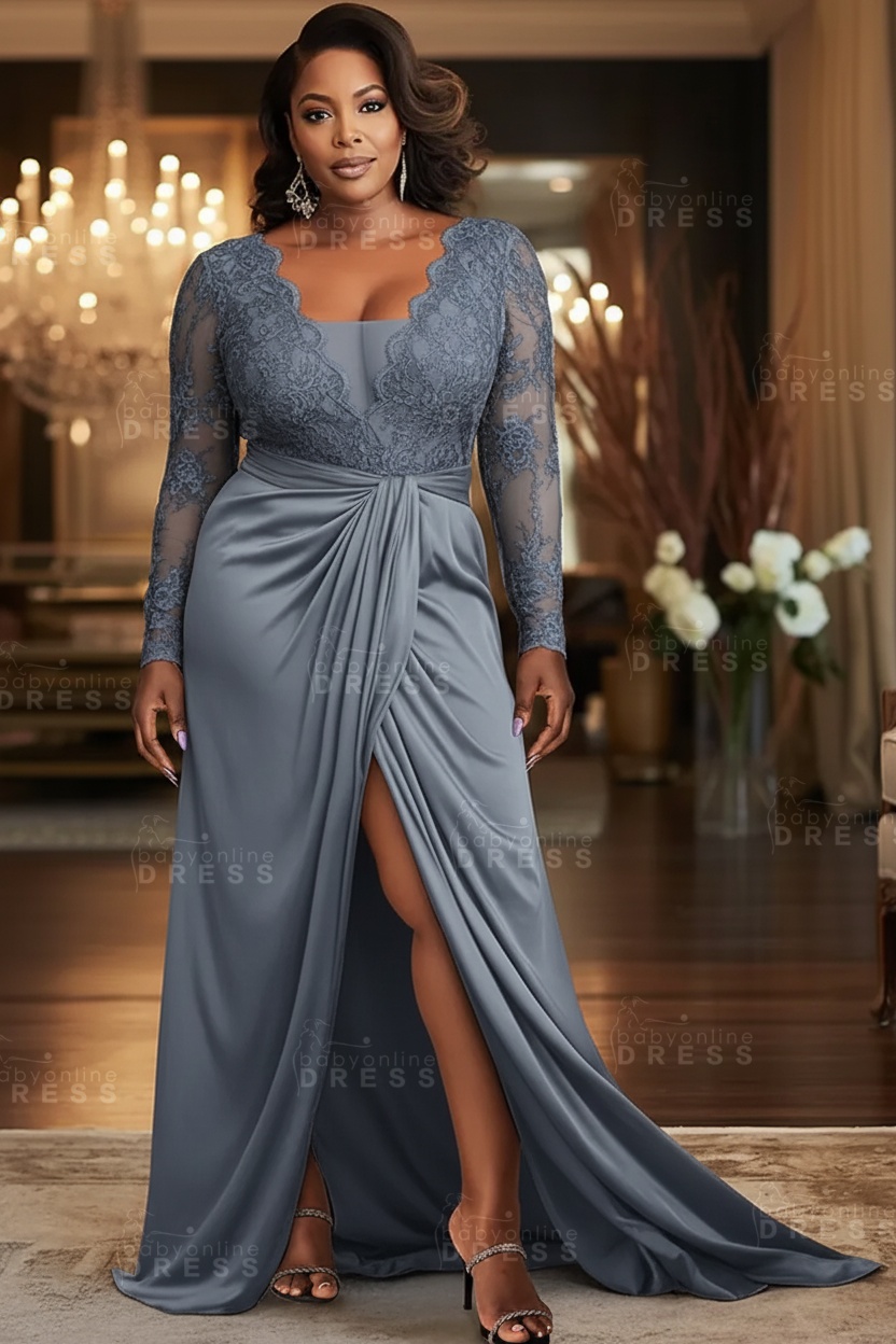 V-neck Appliques Lace Long Sleeve A-Line Prom Dresses with Slit