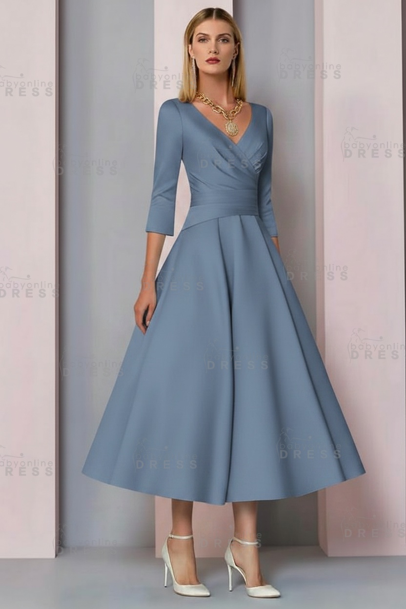 Half Sleeves White Ankle Length Mother of the Bride Dress V-Neck Satin Wedding Guest Dress