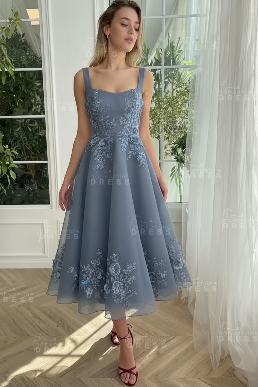 Burgundy Ankle length square neck Homecoming Dress Tulle Aline Formal Dress