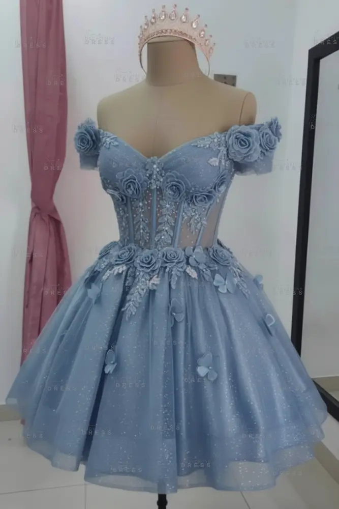 Dusty Blue Sparkly Off Shoulder Tulle Homecoming Dresses Short