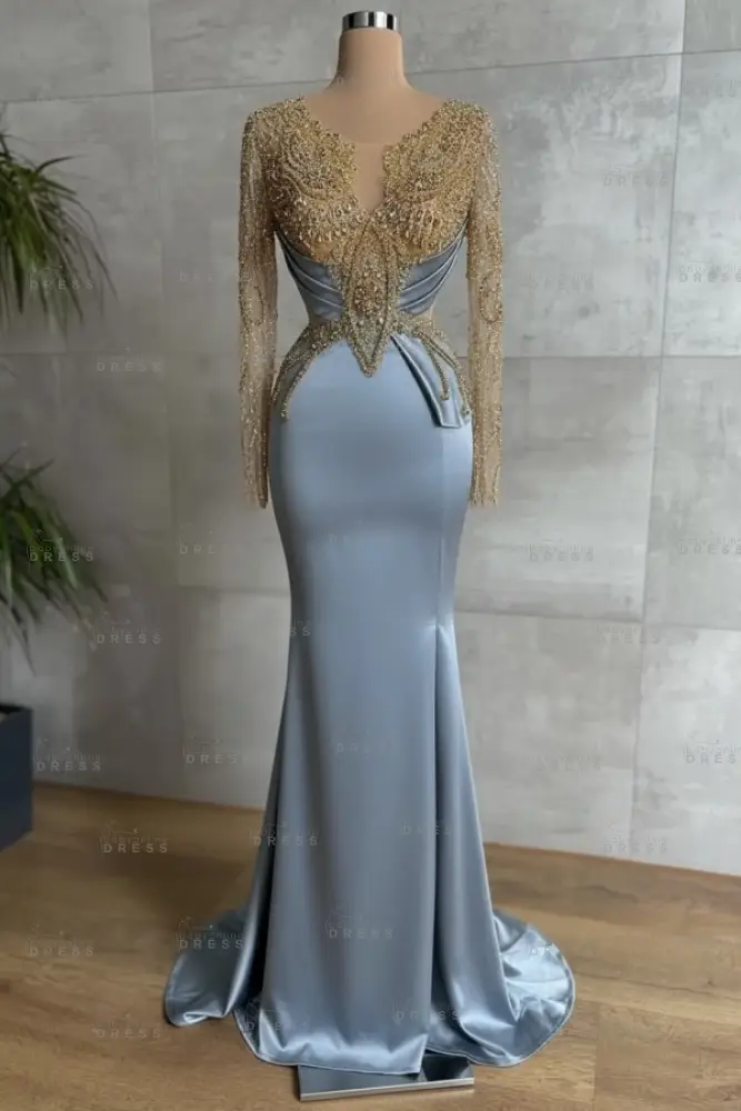 Gold Long sleeves Satin Mermaid V-neck Prom Dresses