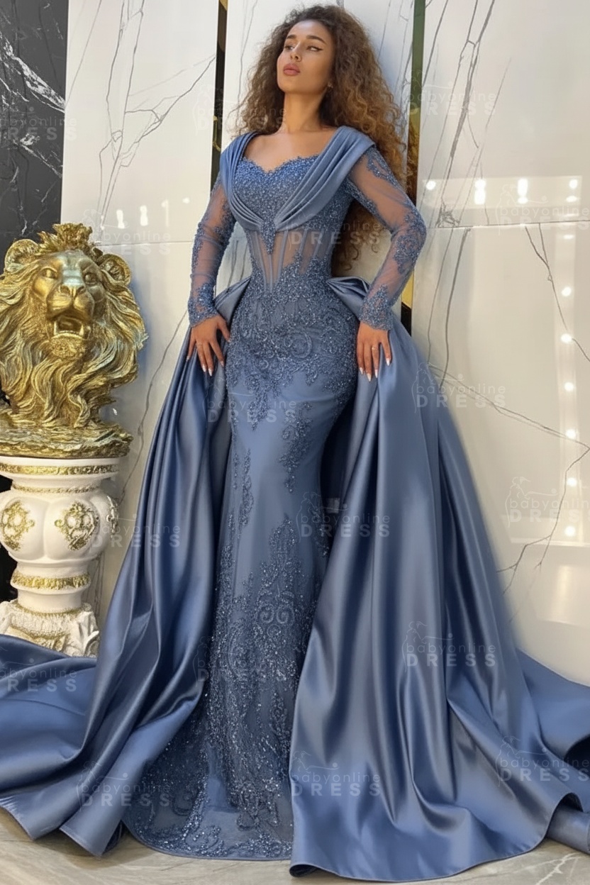 Gorgeous Sweetheart Appliques Lace A-Line Prom Dresses Long Sleeve Chapel Train