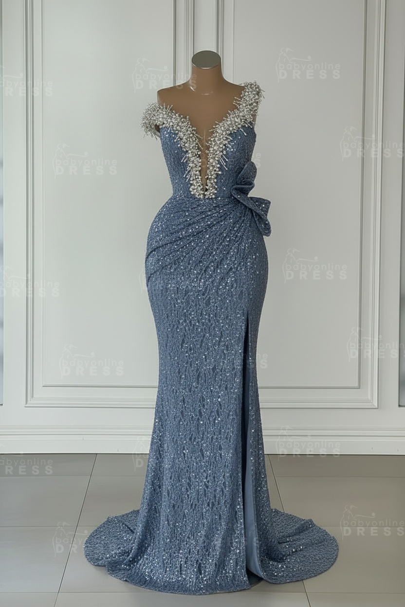 One Shoulder Sequins Sleeveless Long Mermaid Prom Dress