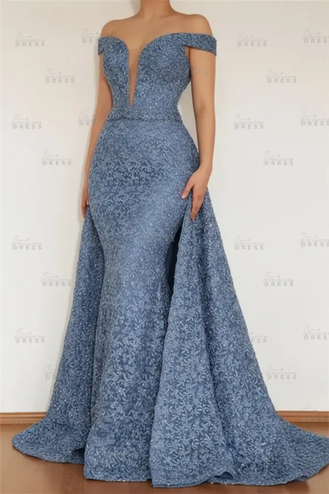 Burgundy Glamorous Mermaid Off The Shoulder Lace Appliques Prom Dress With Detachable Skirt