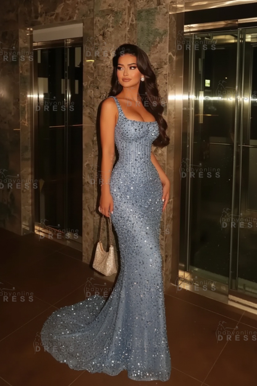 Glitter Spaghetti Straps Sequins Mermaid Prom Dress Floor Length