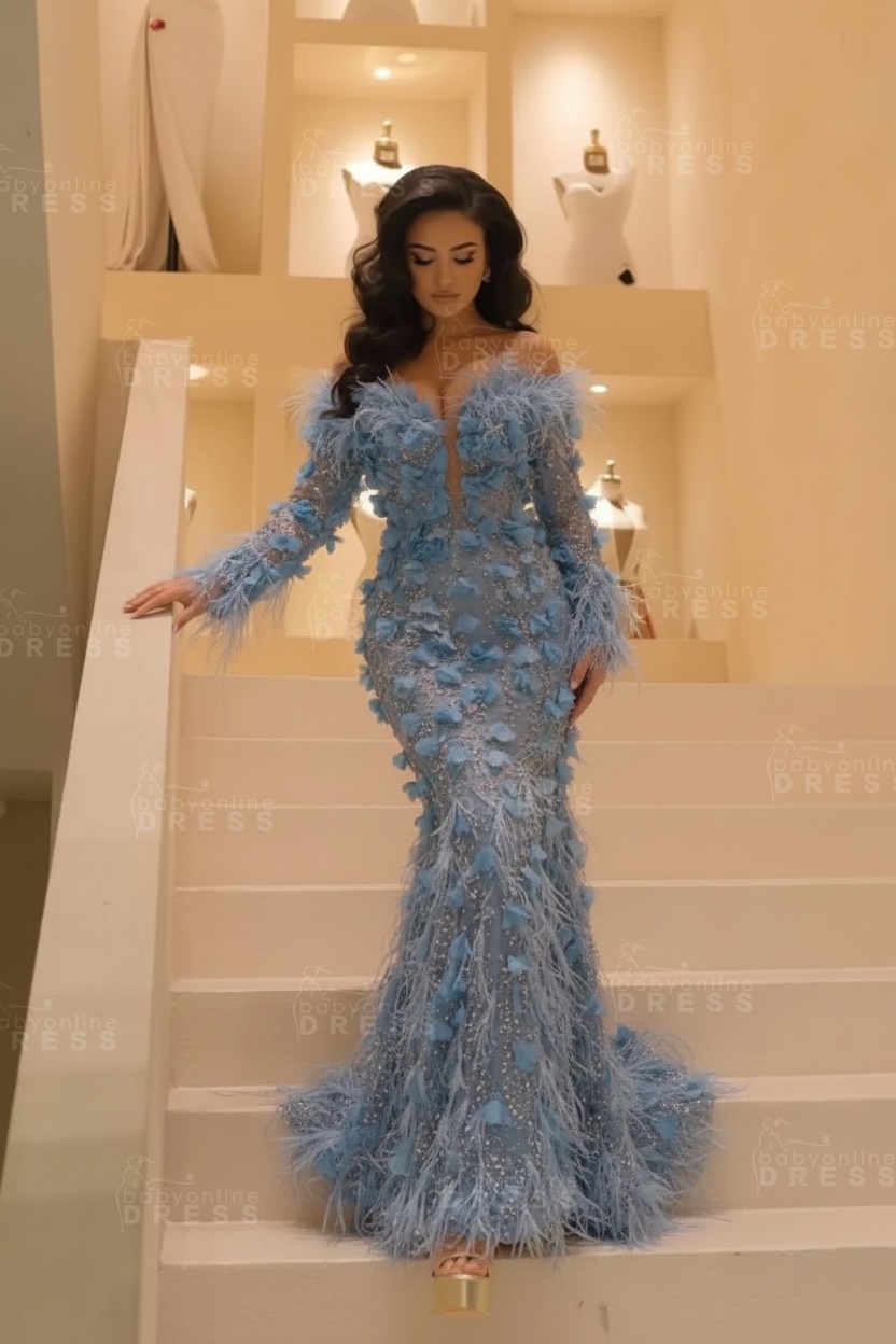 V-neck Long Sleeves Mermaid Evening Dresses Floor Length with Flowers