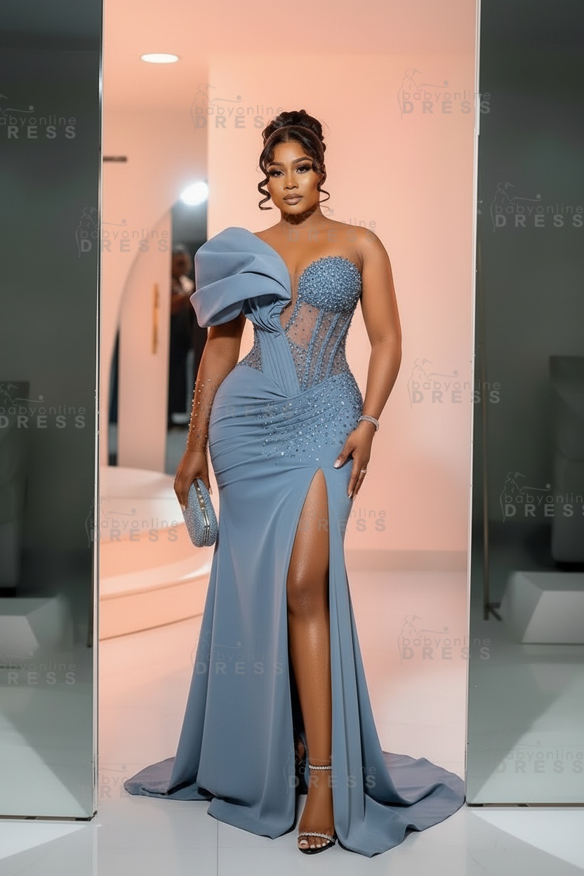 One-Shoulder Long Sleeves Corset Beadings Mermaid Prom Dress with High Split