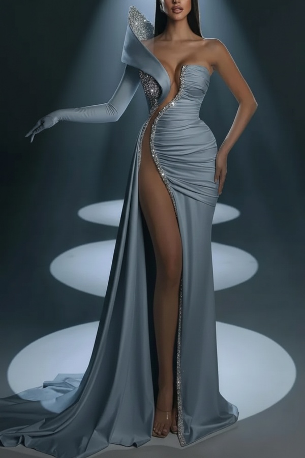 White One shoulder High Split White Court Train Prom Dresses