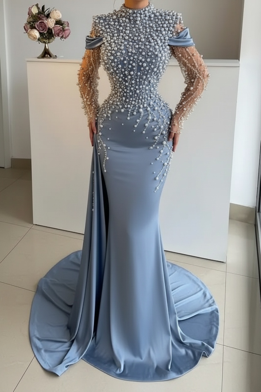Unique High Neck Beading Long Sleeve Mermaid Prom Dresses