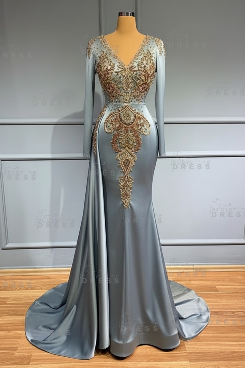 Glamorous V-Neck Long Sleeves Mermaid Prom Dress with Crystals