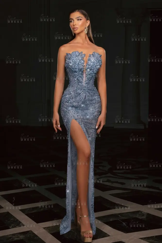 Gold Strapless Sequins Beading Split Front Column Prom Dresses