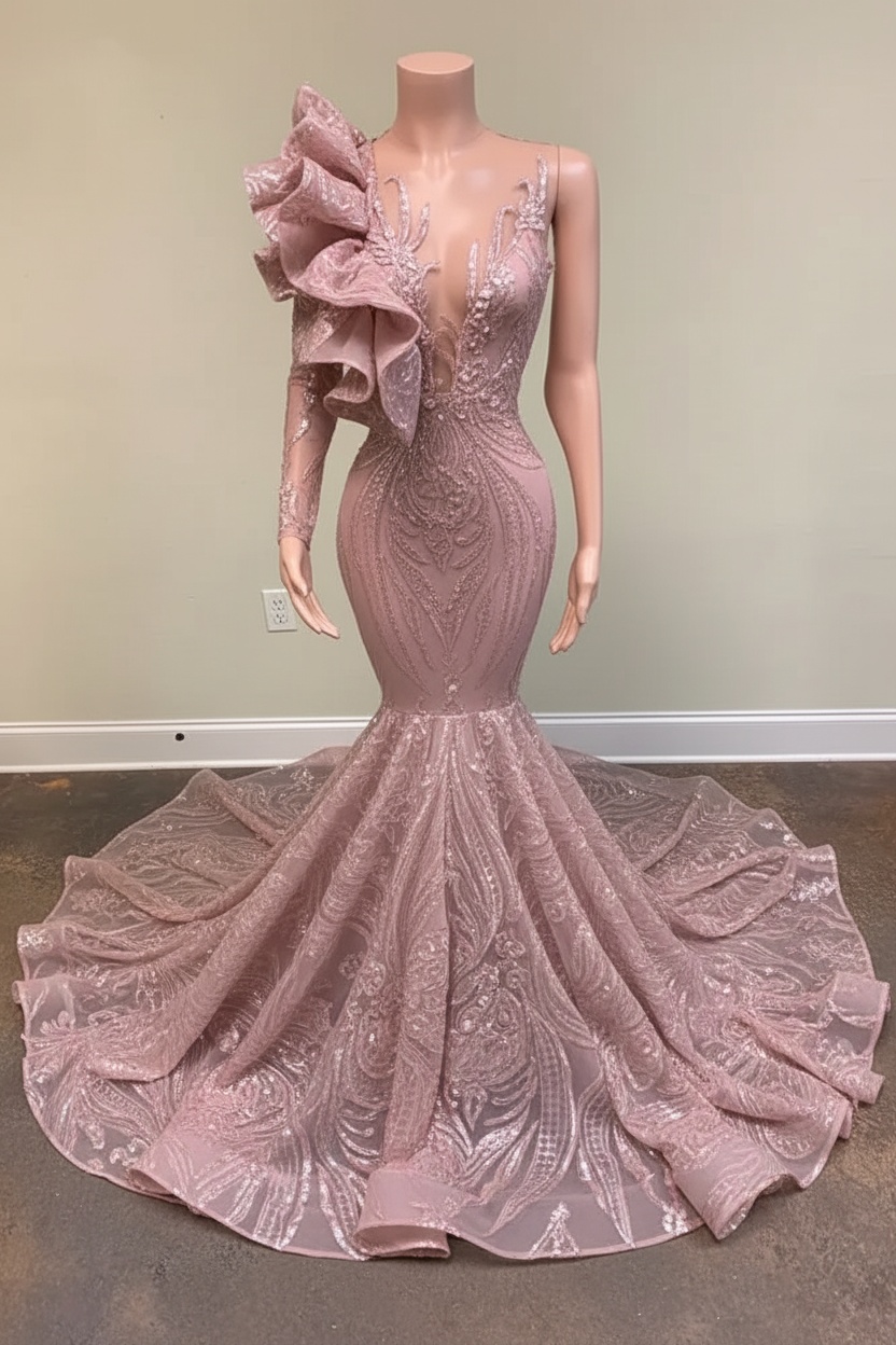 Chic Black Long Sleeve Asymmetrical Floor Length Mermaid Prom Dress