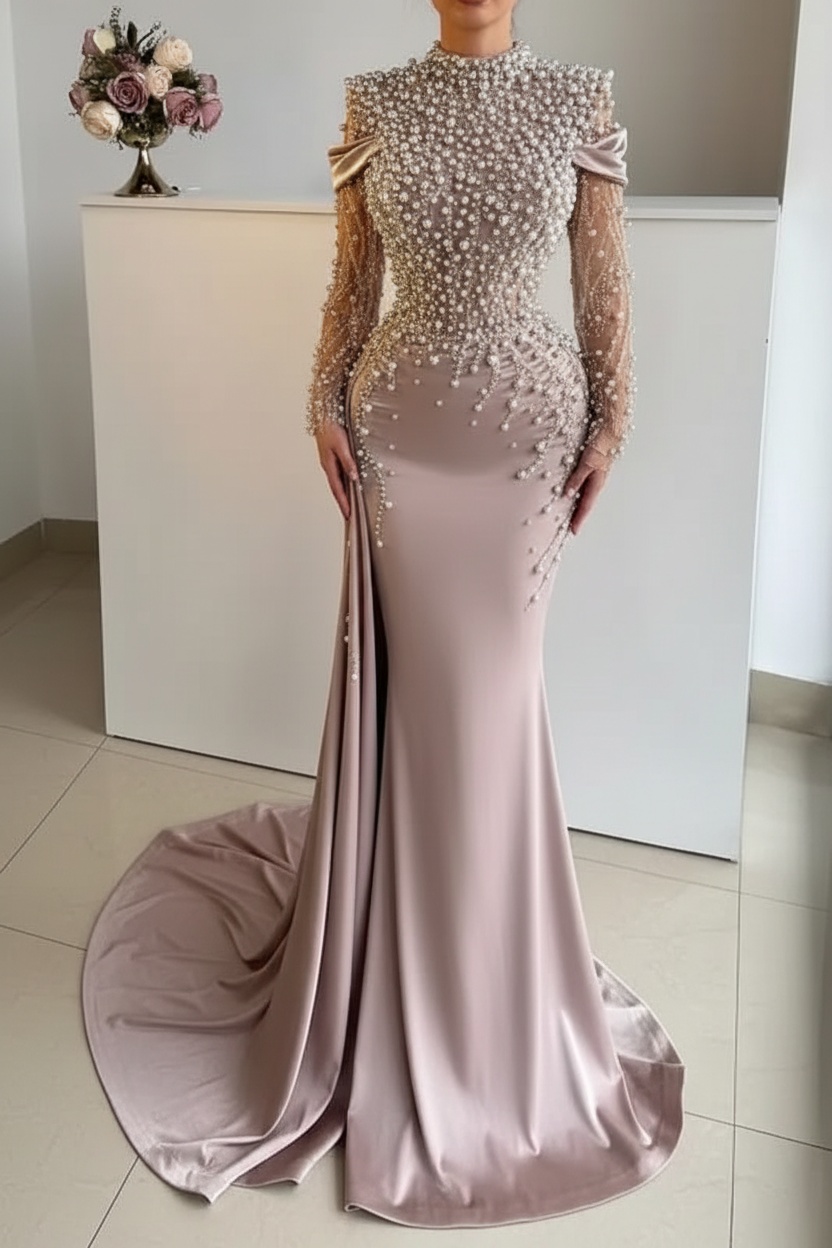 Unique High Neck Beading Long Sleeve Mermaid Prom Dresses