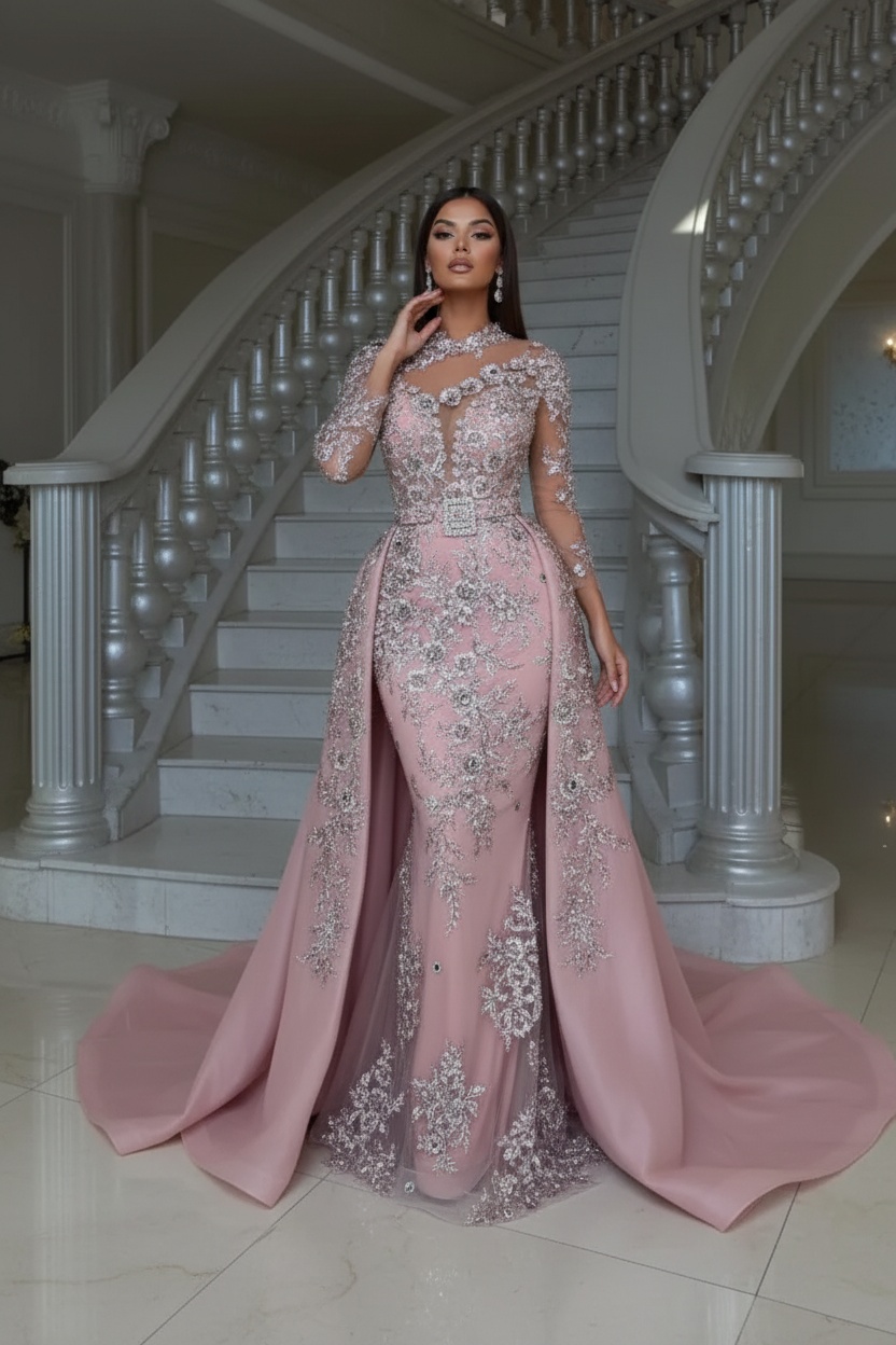 Blushing pink Long sleeves Overskirt Lace Prom Dresses