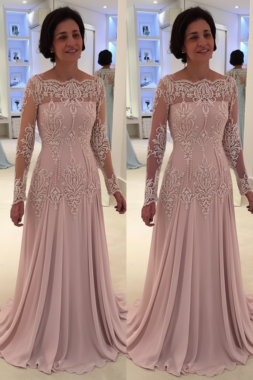 Elegant Floor-Length Lace Long-Sleeves A-line Mother of the Bride Dress 