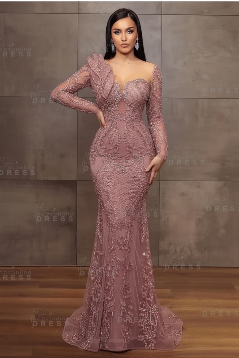 Stunning Burgundy Beadings Long Sleeves Mermaid Prom Dress