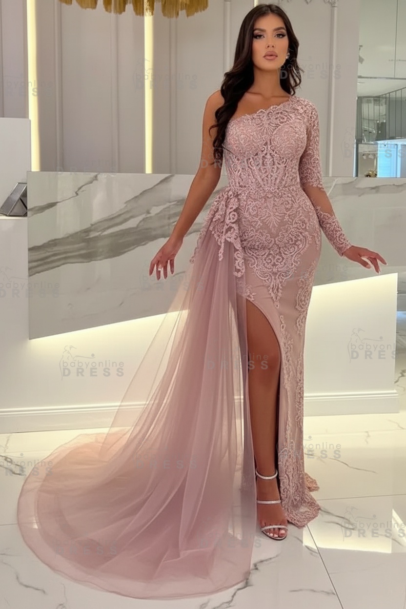 Sexy Sky blue One-shoulder Mermaid Prom Dress Tulle with High split
