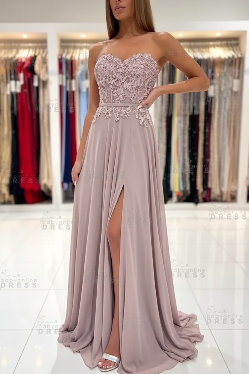 Sweetheart Strapless A-Line Chiffon Floor Length High Split Prom Dress