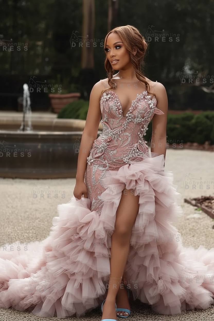 Gorgeous Pink Sweetheart Beadings Sleeveless Mermaid Prom Dress with Ruffles