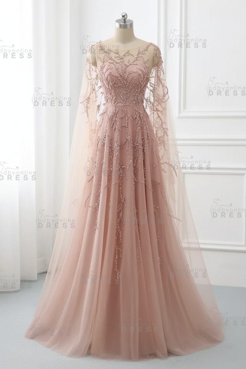 Elegant Jewel Long Sleeves Ruffle Prom Dresses with Beadings Online