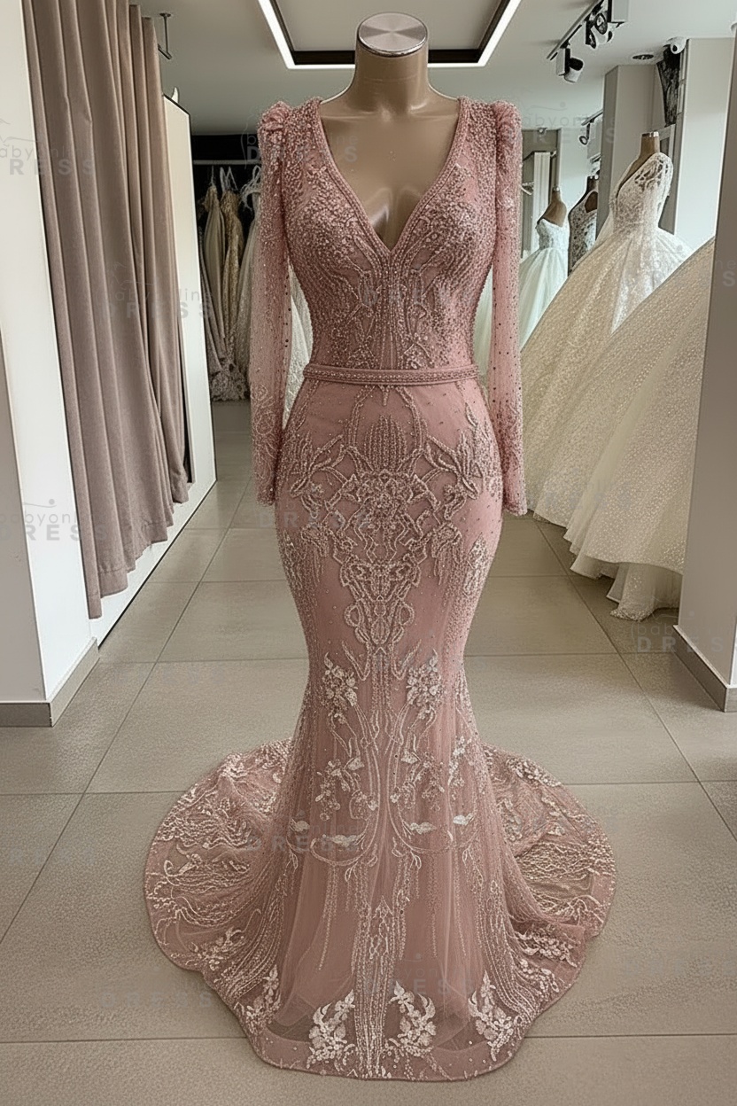 Gorgeous Mermaid Lace Beading V Neck Long Sleeves Prom Dresses | Evening Gowns With Beading Waistband