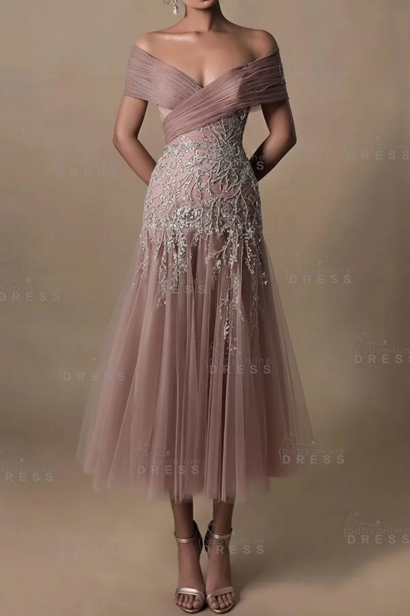 Champagne V-Neck A-Line Tea Length Prom Dress Tulle Mother of the Bride Dress