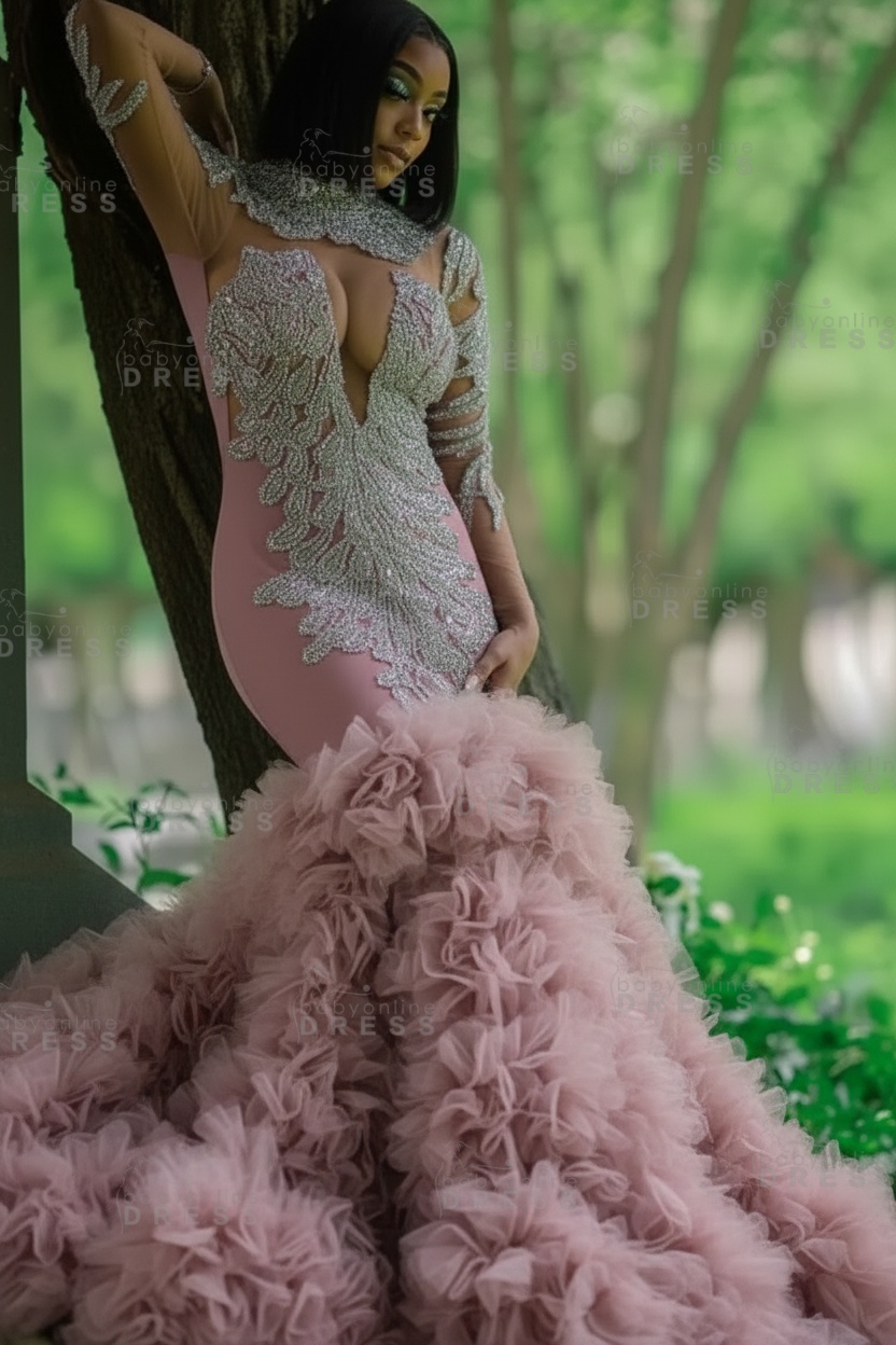 Glamorous Slim Mermaid Evening Gowns with sleeves Beadings Prom Dress