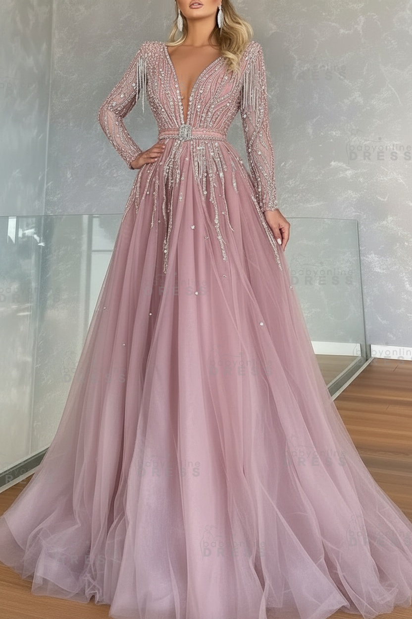 Long Sleeves V-neck Ball Gown A-line Prom Dress with Beadings